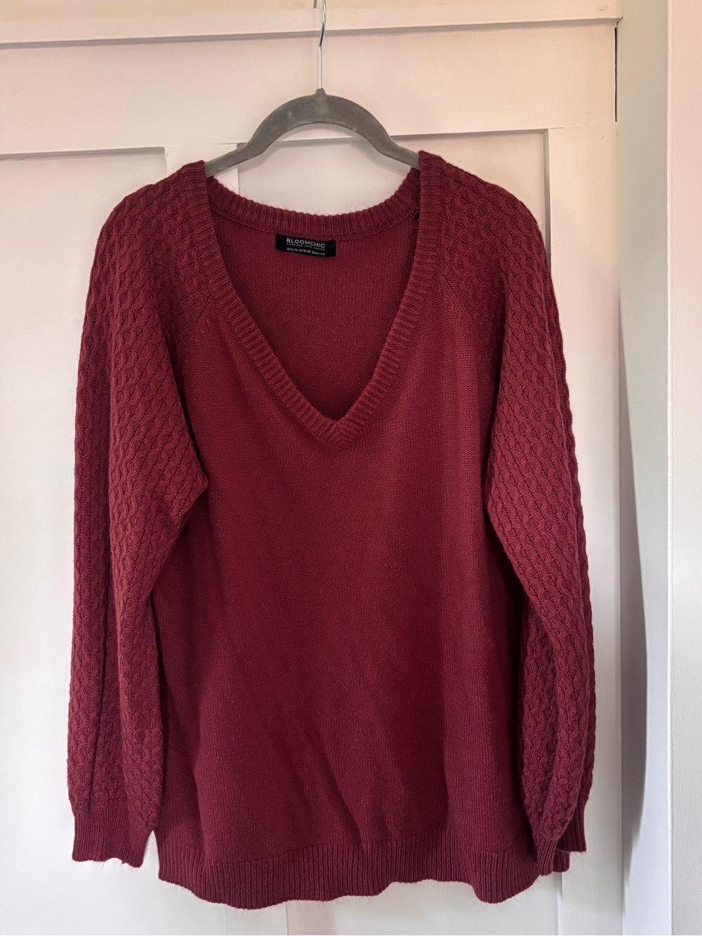 BloomChic Rosewood V-Neck Cable Sleeve Sweater